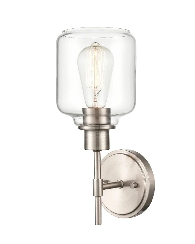 Dimmable Industrial Lighting for Ambiance ControlAsheville Wall Sconce - Satin Nickel - Clear Glass - 6in. Extension - E26 Medium Base Dimmable Industrial Lighting for Ambiance ControlAsheville Wall Sconce - Satin Nickel - Clear Glass - 6in. Extension - E26 Medium Base