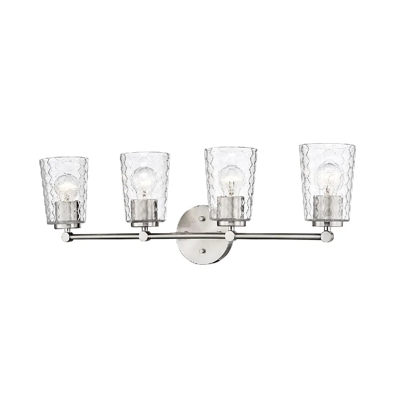 Industrial Lighting for Printing Press Facilities4 Lamps Ashli Vanity Light - Brushed Nickel - Clear Honeycomb Glass - 28in. Wide Industrial Lighting for Printing Press Facilities4 Lamps Ashli Vanity Light - Brushed Nickel - Clear Honeycomb Glass - 28in. Wide