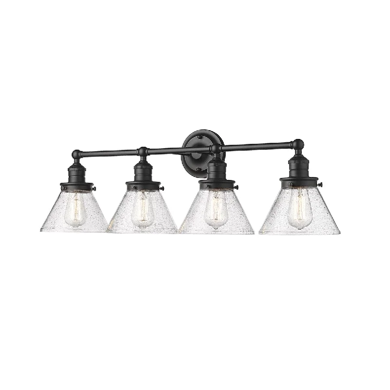 Industrial Pendant Lighting for Machine Shops4 Lamps Eyden Vanity Light - Matte Black - Clear Seeded Glass - 34.875in. Wide Industrial Pendant Lighting for Machine Shops4 Lamps Eyden Vanity Light - Matte Black - Clear Seeded Glass - 34.875in. Wide
