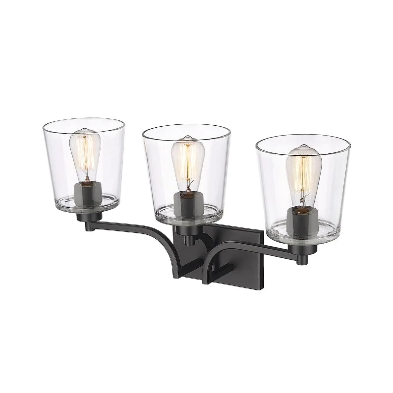 Industrial Emergency Lighting for Safety in Factories3 Lamps Evalon Vanity Light - Matte Black - Clear Glass - 25in. Wide Industrial Emergency Lighting for Safety in Factories3 Lamps Evalon Vanity Light - Matte Black - Clear Glass - 25in. Wide