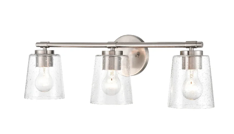 Industrial Exit Sign Lighting for Quick Evacuation3 Lamps Bathroom Vanity Light - Brushed Nickel - Clear Seeded Glass - 24.5in. Wide Industrial Exit Sign Lighting for Quick Evacuation3 Lamps Bathroom Vanity Light - Brushed Nickel - Clear Seeded Glass - 24.5in. Wide