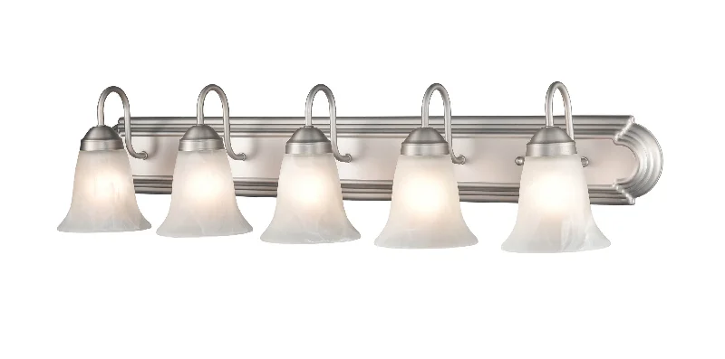 Energy - Efficient Industrial Lighting for Cost - Savings5 Lamps Bathroom Vanity Light - Satin Nickel - Faux Alabaster Glass - 36in. Wide Energy - Efficient Industrial Lighting for Cost - Savings5 Lamps Bathroom Vanity Light - Satin Nickel - Faux Alabaster Glass - 36in. Wide