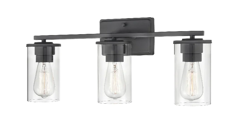 Dimmable Industrial Lighting for Ambiance Control3 Lamps Verlana Vanity Light - Matte Black - Clear Glass - 22in. Wide Dimmable Industrial Lighting for Ambiance Control3 Lamps Verlana Vanity Light - Matte Black - Clear Glass - 22in. Wide