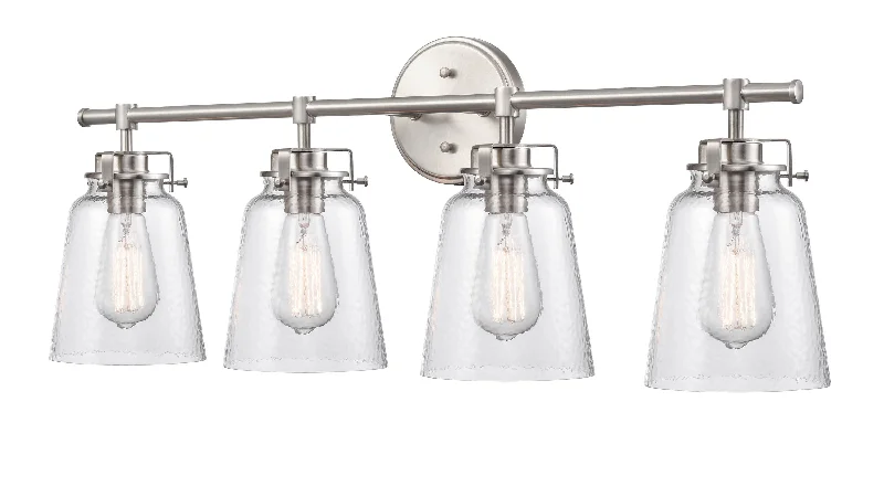 Industrial Emergency Lighting for Safety in Factories4 Lamps Amberose Vanity Light - Brushed Nickel - Hammered Glass - 31.25in. Wide Industrial Emergency Lighting for Safety in Factories4 Lamps Amberose Vanity Light - Brushed Nickel - Hammered Glass - 31.25in. Wide