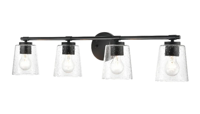Adjustable Industrial Lighting for Flexible Illumination4 Lamps Bathroom Vanity Light - Matte Black - Clear Seeded Glass - 34in. Wide Adjustable Industrial Lighting for Flexible Illumination4 Lamps Bathroom Vanity Light - Matte Black - Clear Seeded Glass - 34in. Wide