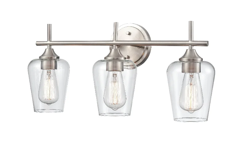 Industrial Lighting for Printing Press Facilities3 Lamps Ashford Vanity Light - Brushed Nickel - Clear Glass - 22in. Wide Industrial Lighting for Printing Press Facilities3 Lamps Ashford Vanity Light - Brushed Nickel - Clear Glass - 22in. Wide
