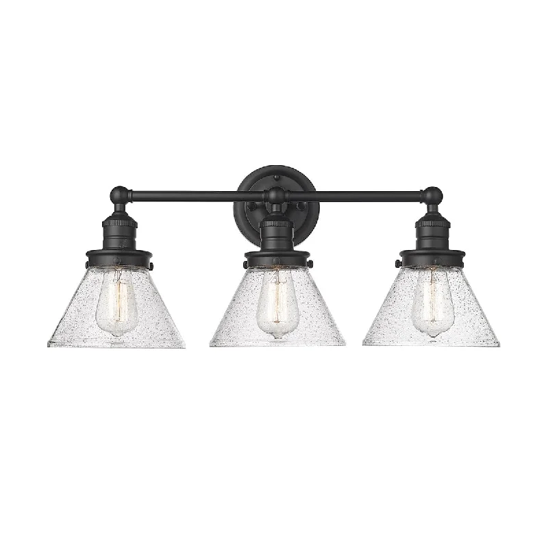 Industrial Emergency Lighting for Safety in Factories3 Lamps Eyden Vanity Light - Matte Black - Clear Seeded Glass - 25.875in. Wide Industrial Emergency Lighting for Safety in Factories3 Lamps Eyden Vanity Light - Matte Black - Clear Seeded Glass - 25.875in. Wide