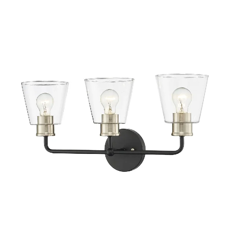 Industrial Lighting for Textile Mills3 Lamps Cameron Vanity Light - Matte Black / Modern Gold - Clear Glass - 23in. Wide Industrial Lighting for Textile Mills3 Lamps Cameron Vanity Light - Matte Black / Modern Gold - Clear Glass - 23in. Wide