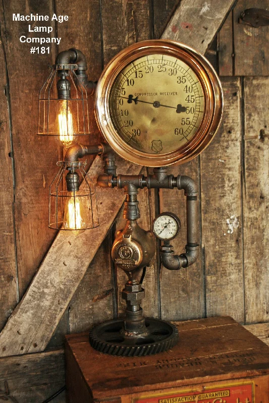 Industrial Lighting for Printing Press FacilitiesSteampunk Lamp, Antique 10" Steam Gauge and Gear Base #181 - SOLD Industrial Lighting for Printing Press FacilitiesSteampunk Lamp, Antique 10" Steam Gauge and Gear Base #181 - SOLD