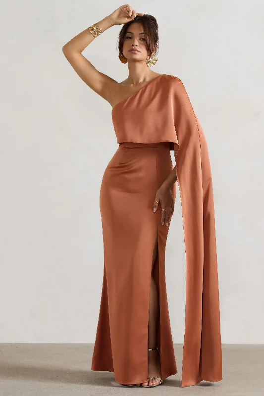 Amora | Rust Satin Asymmetric Cape-Sleeve Split Maxi Dress