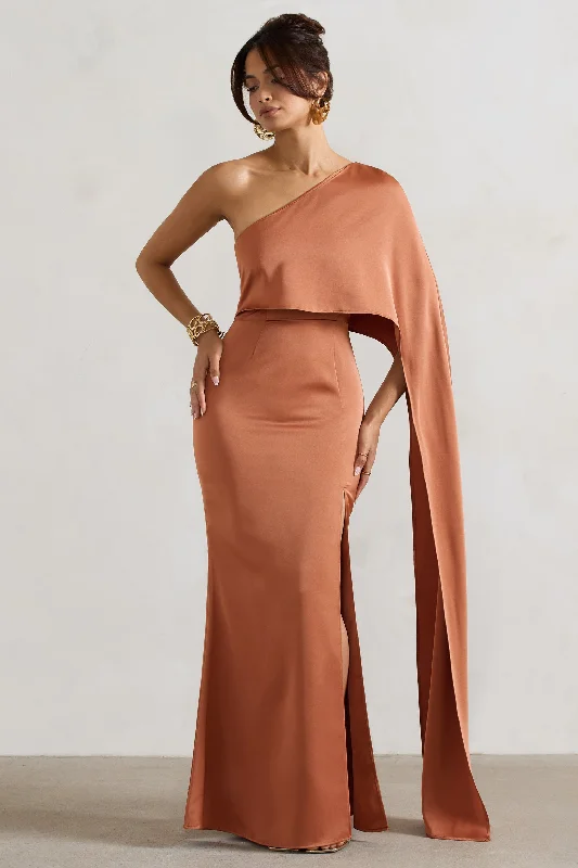 Amora | Rust Satin Asymmetric Cape-Sleeve Split Maxi Dress