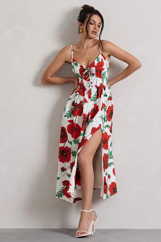 Ardea | Poppy Print Strappy Lace Up Split Midi Dress