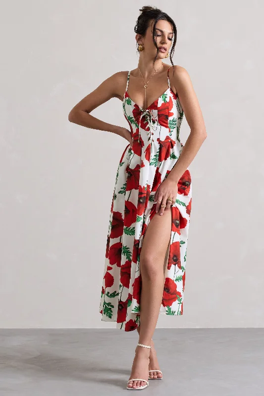 Ardea | Poppy Print Strappy Lace Up Split Midi Dress