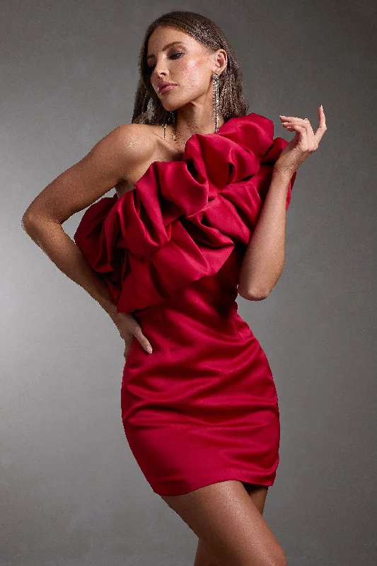 At The Opera | Red Satin One Shoulder Ruffled Mini Dress