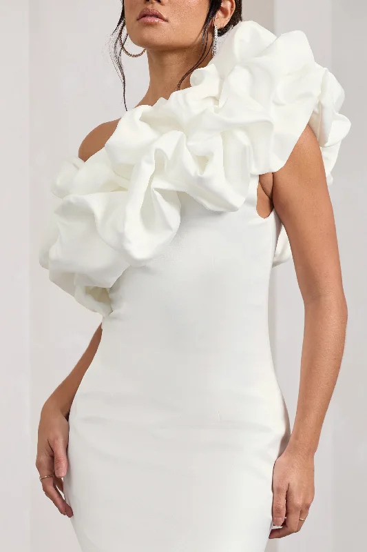 At The Opera | White Satin One Shoulder Ruffled Mini Dress