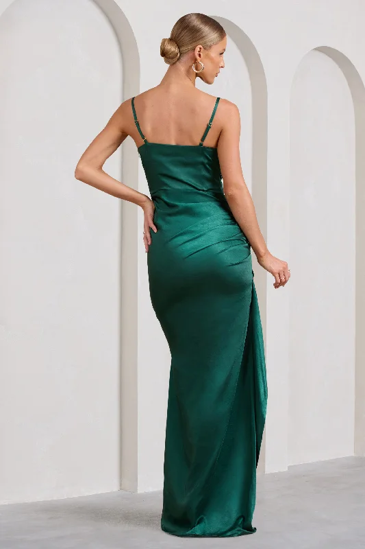 Buckingham | Bottle Green Satin Pleated Split Maxi DressL12673200212