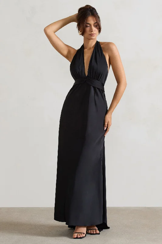 Carolyn | Black Satin Plunge Maxi Dress With Dipped Hem