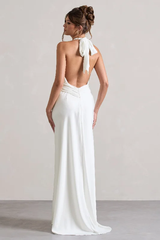 Carolyn | Ivory Satin Plunge Maxi Dress With Dipped Hem