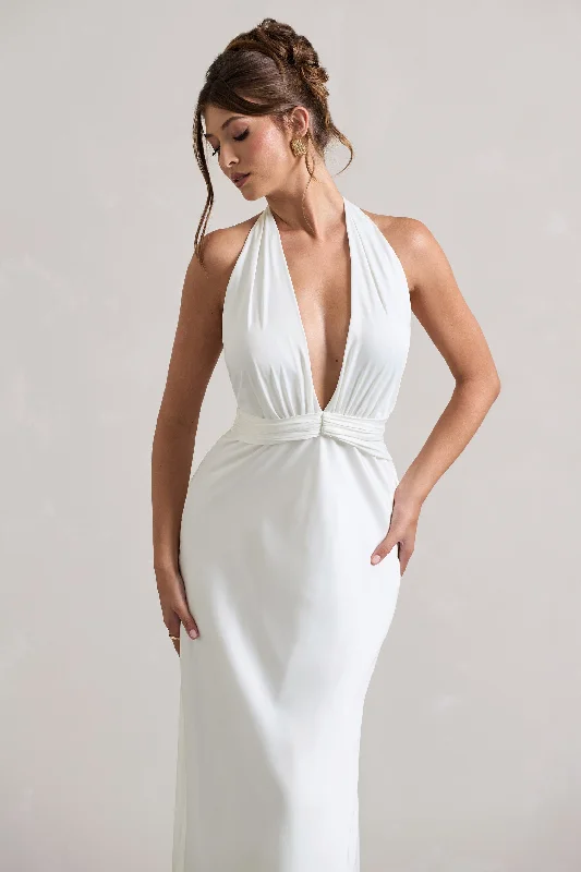 Carolyn | Ivory Satin Plunge Maxi Dress With Dipped Hem