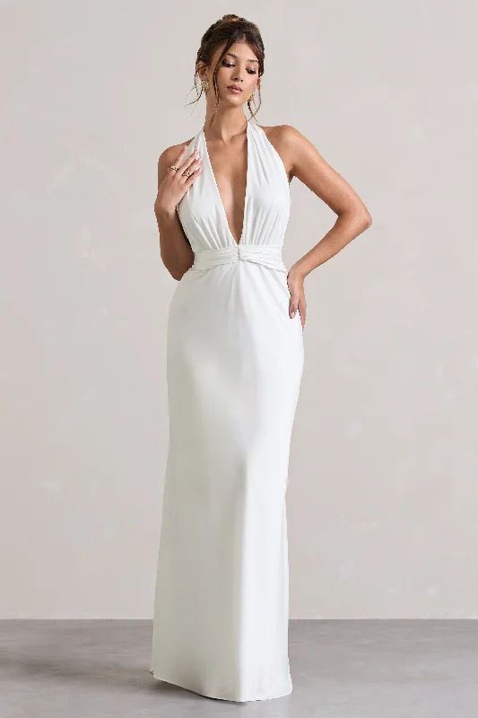 Carolyn | Ivory Satin Plunge Maxi Dress With Dipped Hem