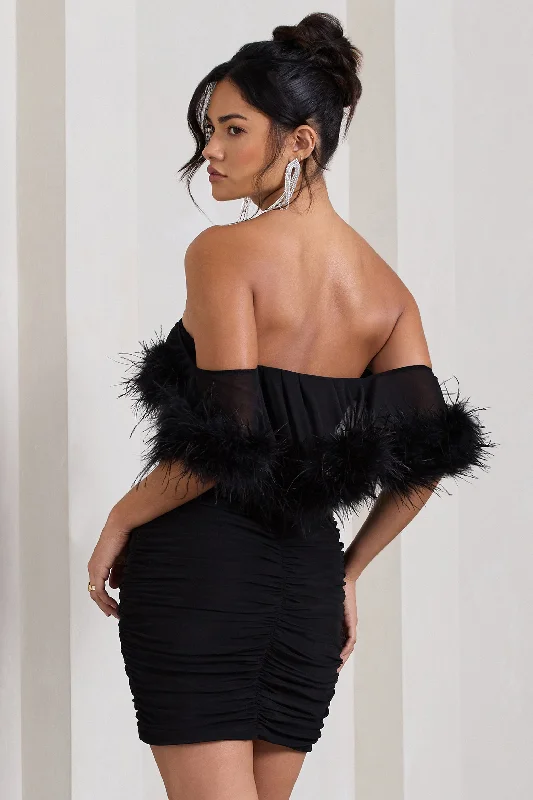 Confetti | Black Sweetheart Mini Dress With Chiffon Feather Sleeves