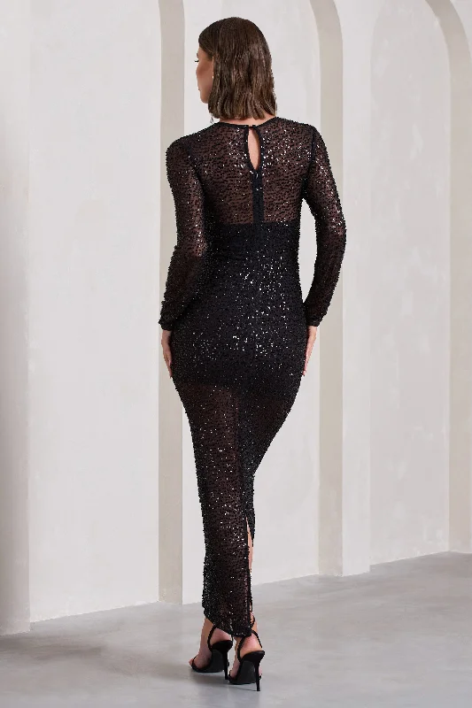 Elenora | Black Sheer Embellished Bodycon Long-Sleeve Maxi Dress