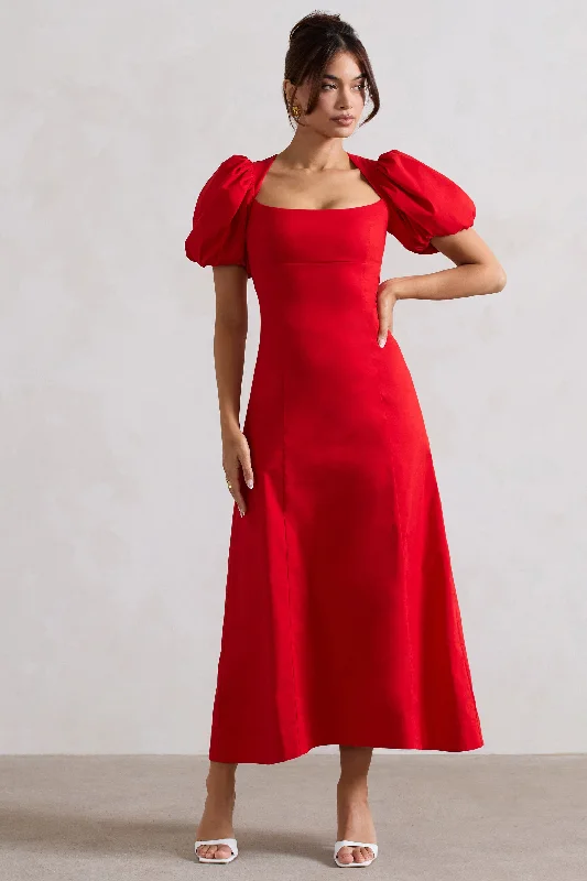 Hacienda | Red Poplin Puff-Sleeve Maxi Dress