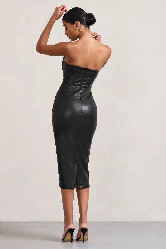 Hailey | Black Faux Leather Strapless Sweetheart Corset Midi Dress