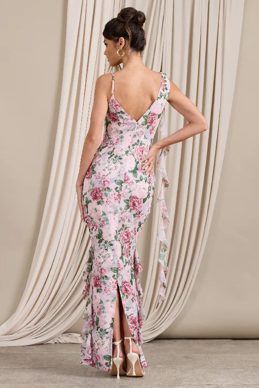 Leading Lady | Pink Floral Print Chiffon Asymmetric Ruffle Maxi Dress