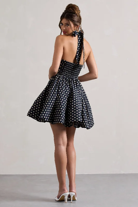 Levie | Navy Polka Dot Halter-Neck Mini Dress