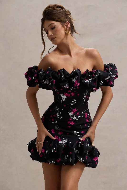 Lindo | Black Ditsy Floral Print Ruffled Bardot Mini Dress