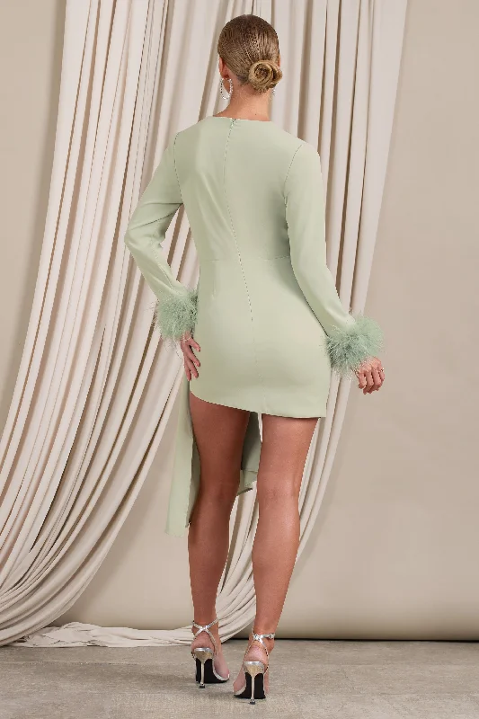 Mae | Mint Wrap Mini Dress With Drape And Feather Cuffs