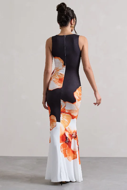 Micah | Black & Orange Floral Print Racer-Neck Maxi Dress