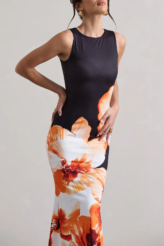 Micah | Black & Orange Floral Print Racer-Neck Maxi Dress