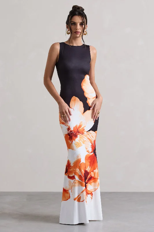 Micah | Black & Orange Floral Print Racer-Neck Maxi Dress