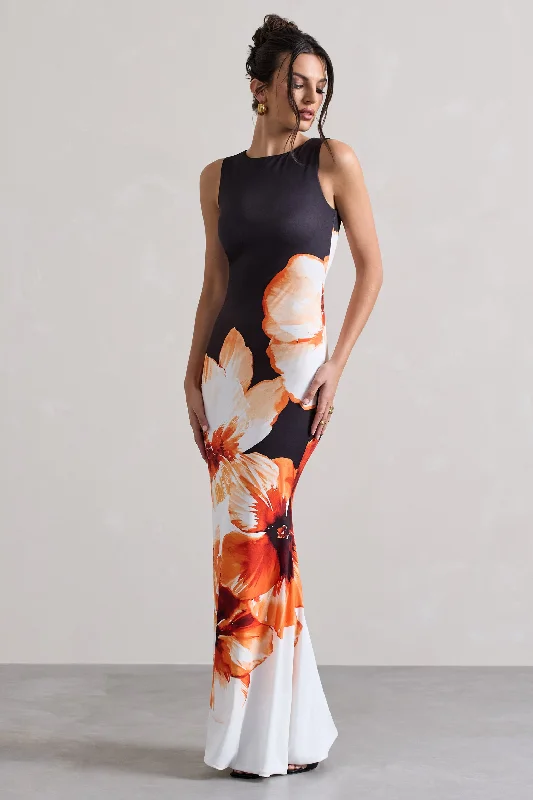 Micah | Black & Orange Floral Print Racer-Neck Maxi Dress