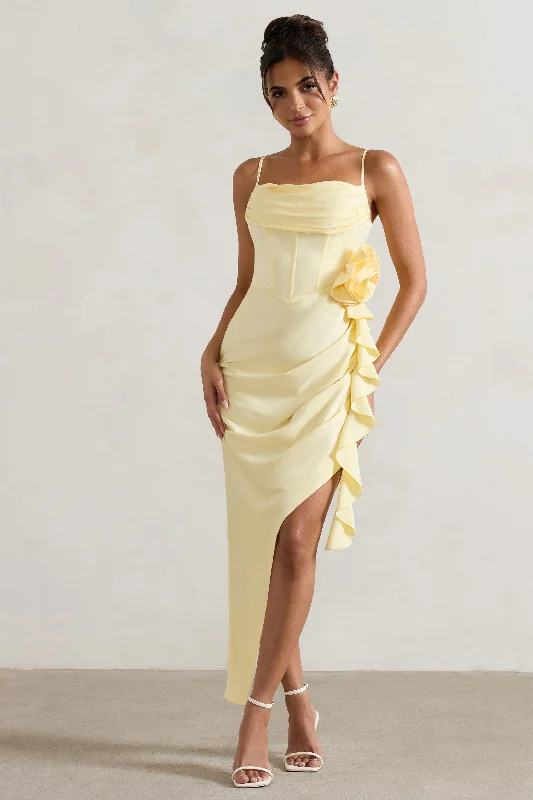 On The List | Lemon Asymmetric Corset Maxi Dress With Floral Drape