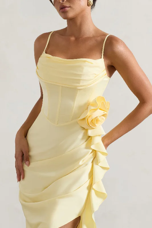 On The List | Lemon Asymmetric Corset Maxi Dress With Floral Drape