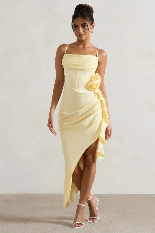 On The List | Lemon Asymmetric Corset Maxi Dress With Floral Drape