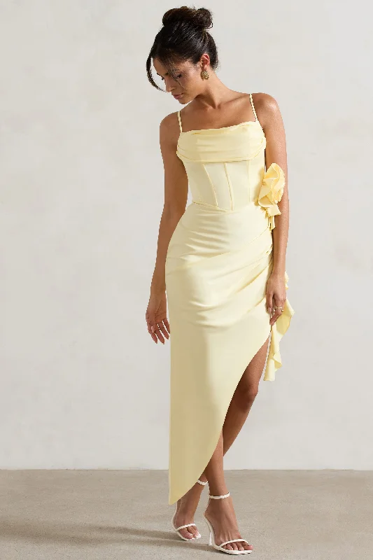 On The List | Lemon Asymmetric Corset Maxi Dress With Floral Drape