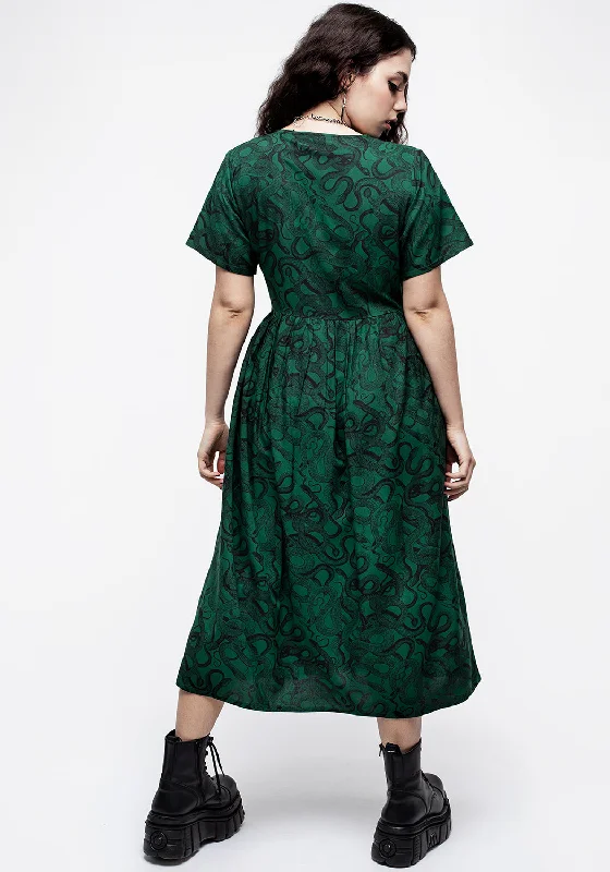 Ophidia Snake Print Button Up Midi Dress - Green