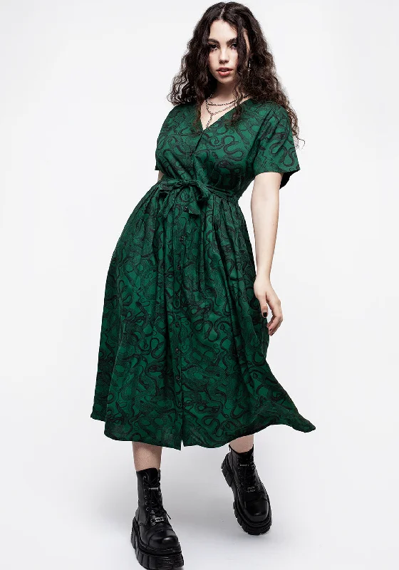 Ophidia Snake Print Button Up Midi Dress - Green