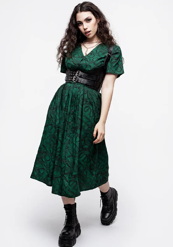 Ophidia Snake Print Button Up Midi Dress - Green