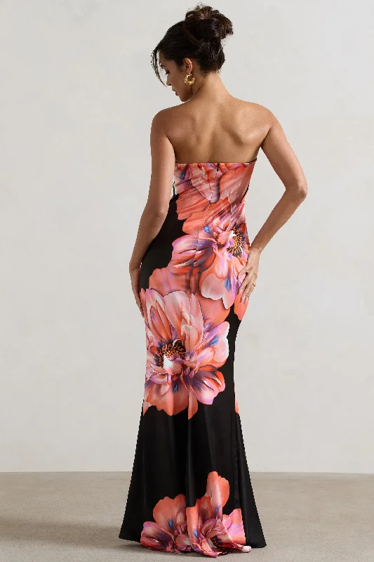 Sofiane | Black & Pink Floral Print Bandeau Maxi Dress