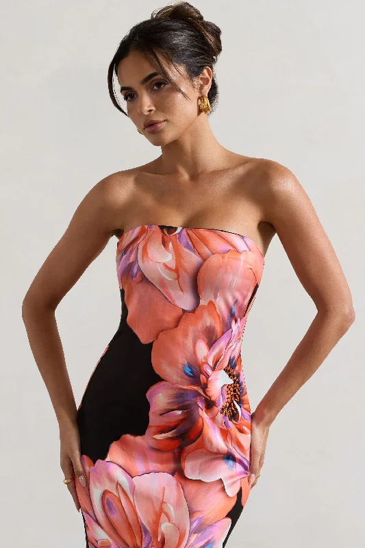 Sofiane | Black & Pink Floral Print Bandeau Maxi Dress