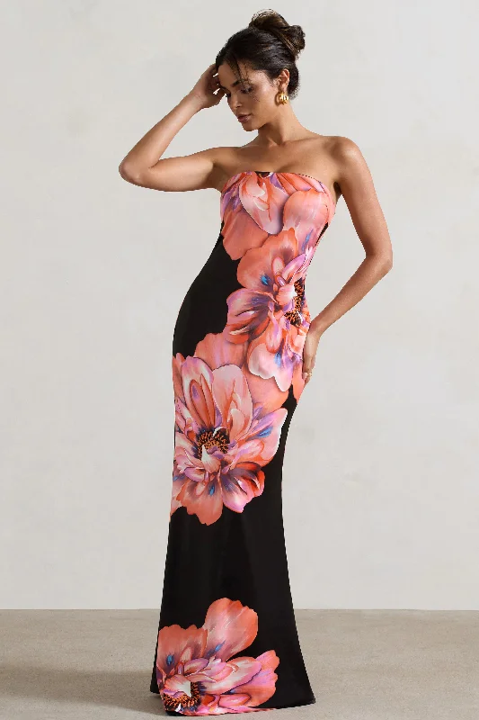 Sofiane | Black & Pink Floral Print Bandeau Maxi Dress