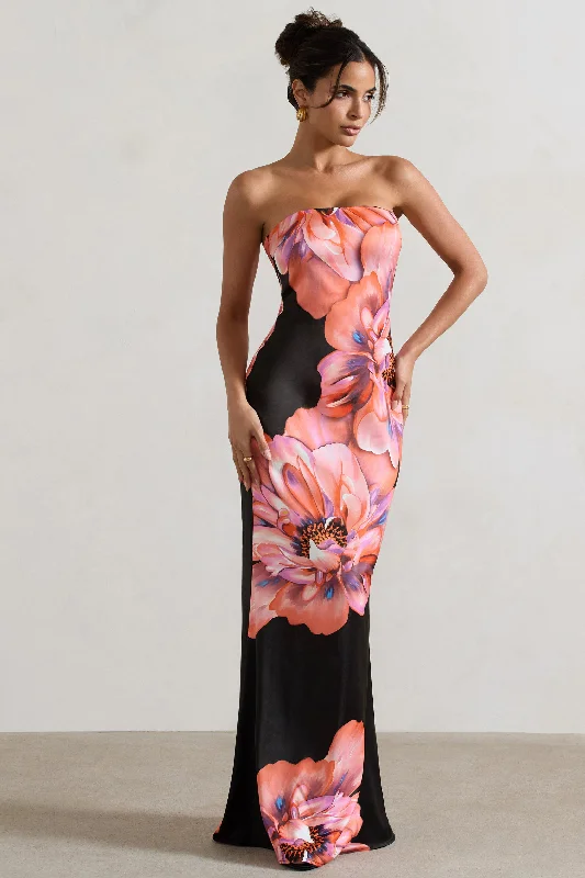 Sofiane | Black & Pink Floral Print Bandeau Maxi Dress