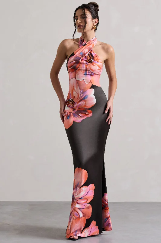 Tropicana | Pink Floral Satin Cross Over Halterneck Maxi Dress