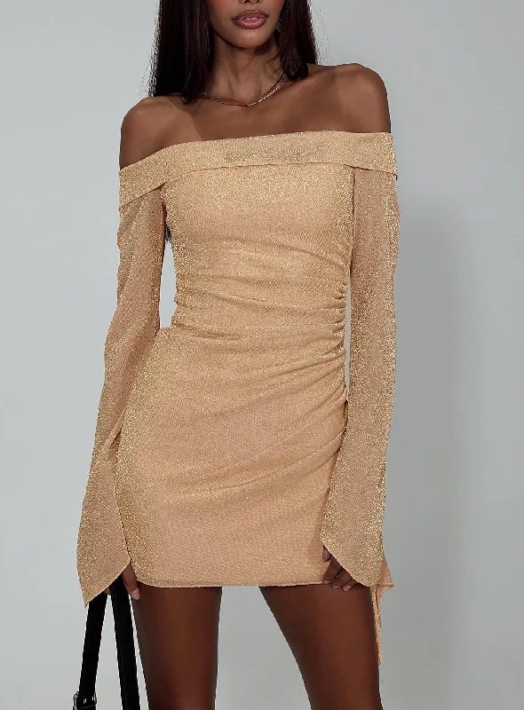 Villar Off The Shoulder Mini Dress Gold