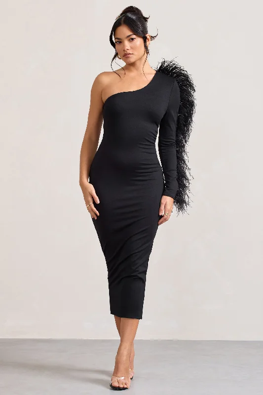 Wild One | Black One-Shoulder Bodycon Midi Dress With Feather-Trimmed Sleeve